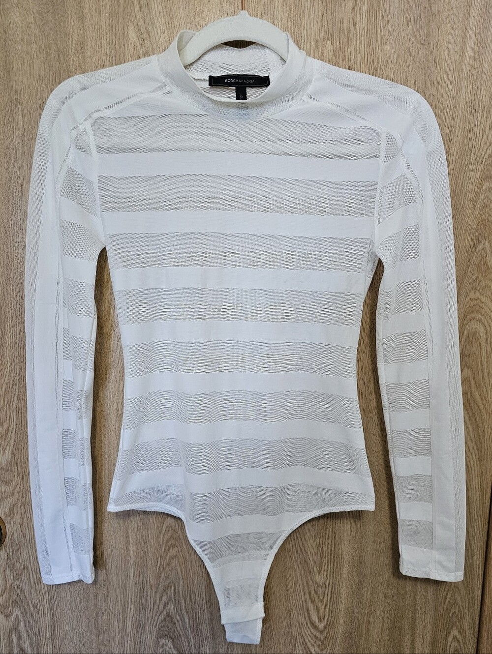 BCBG MaxAzria White Striped Sheer Mock-Neck Bodysuit Top Long Sleeves XXS - Picture 3 of 7